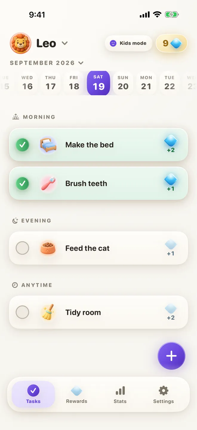 Leo's tasks for the day, two of them ticked off, each paying one or two gems
