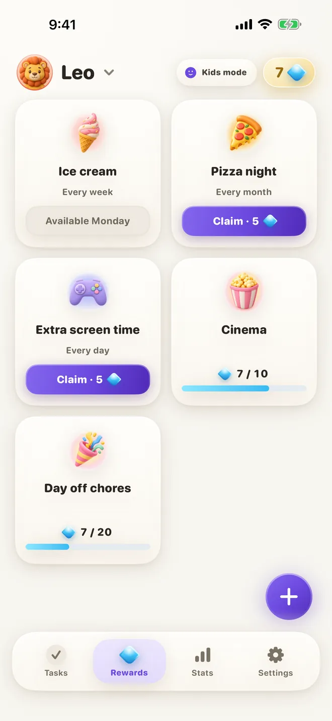 Leo's rewards: ice cream, pizza night, extra screen time and cinema, each with a gem price