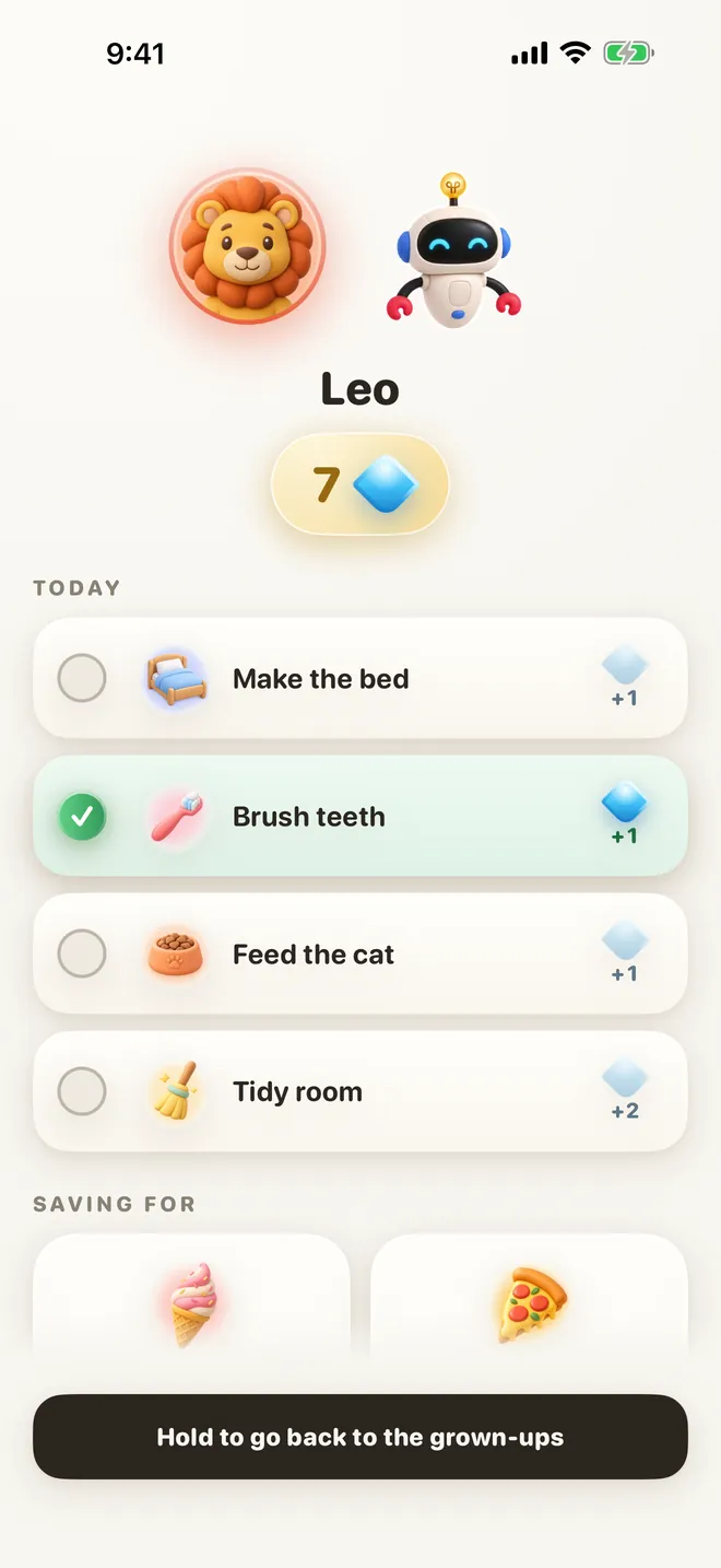Kids mode: Leo's avatar, his 7 gems, today's tasks and the rewards he is saving for
